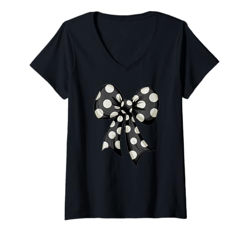 Damen Stilvolle schwarze Fliege mit weißen Punkten Schleife T-Shirt mit V-Ausschnitt Damen Stilvolle schwarze Fliege mit weißen Punkten Schleife T-Shirt mit V-Ausschnitt von Schleifen Design im retro look Fasching Karneval