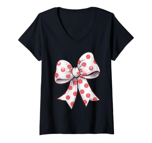 Damen Stilvolle weiße Fliege mit roten Punkten Schleife rotes T-Shirt mit V-Ausschnitt von Schleifen Design im retro look Fasching Karneval