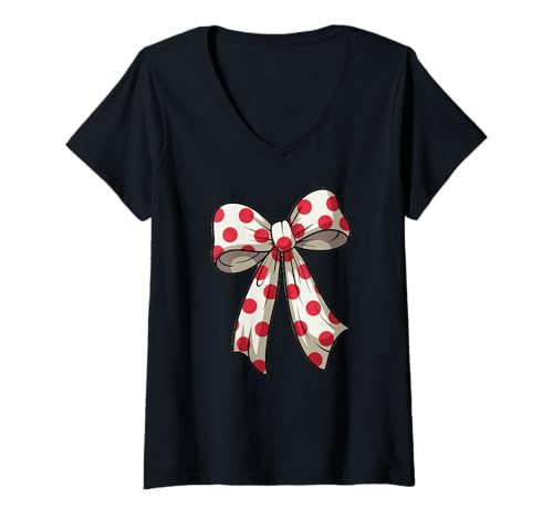 Damen Stilvolle weiße Fliege mit roten Punkten Schleife rotes T-Shirt mit V-Ausschnitt von Schleifen Design im retro look Fasching Karneval