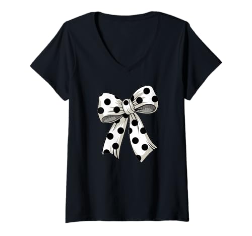 Damen Stilvolle weiße Fliege mit schwarzen Punkten Schleife rotes T-Shirt mit V-Ausschnitt Damen Stilvolle weiße Fliege mit schwarzen Punkten Schleife rotes T-Shirt mit V-Ausschnitt von Schleifen Design im retro look Fasching Karneval