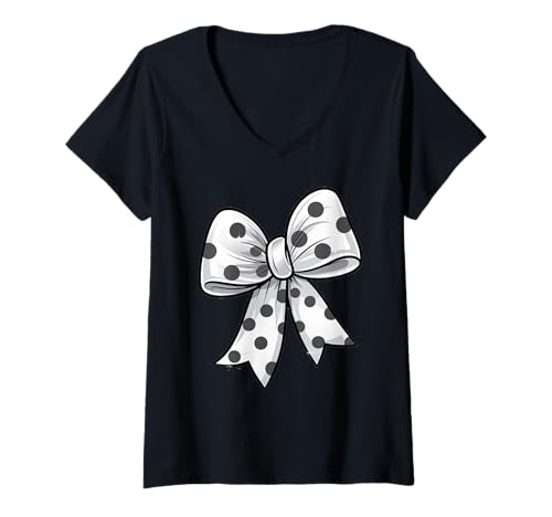 Damen Stilvolle weiße Fliege mit schwarzen Punkten Schleife rotes T-Shirt mit V-Ausschnitt Damen Stilvolle weiße Fliege mit schwarzen Punkten Schleife rotes T-Shirt mit V-Ausschnitt von Schleifen Design im retro look Fasching Karneval