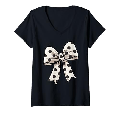Damen Stilvolle weiße Fliege mit schwarzen Punkten Schleife rotes T-Shirt mit V-Ausschnitt Damen Stilvolle weiße Fliege mit schwarzen Punkten Schleife rotes T-Shirt mit V-Ausschnitt von Schleifen Design im retro look Fasching Karneval