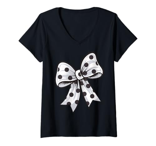 Damen Stilvolle weiße Fliege mit schwarzen Punkten Schleife rotes T-Shirt mit V-Ausschnitt Damen Stilvolle weiße Fliege mit schwarzen Punkten Schleife rotes T-Shirt mit V-Ausschnitt von Schleifen Design im retro look Fasching Karneval