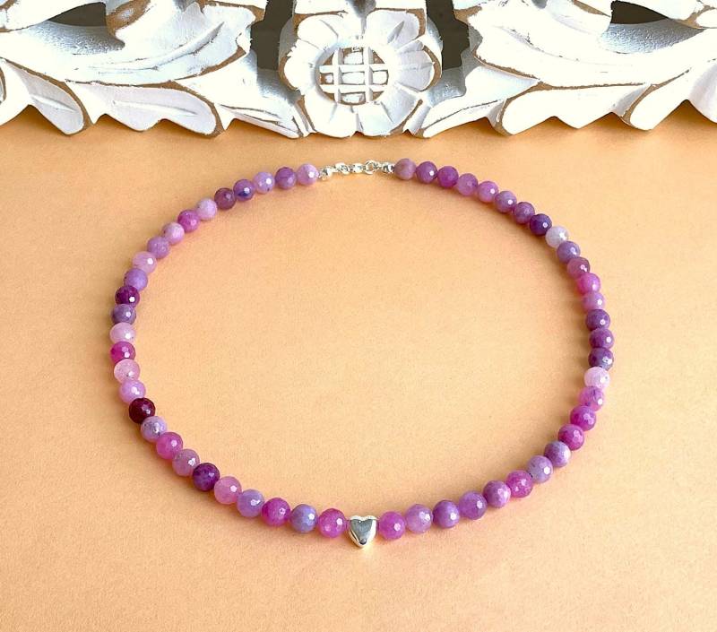 Kette Aus Rubin-Perlen 7, 5mm Facettiert | Ungefärbt Mit 925Silber-Herz - von SchlesierDesigns