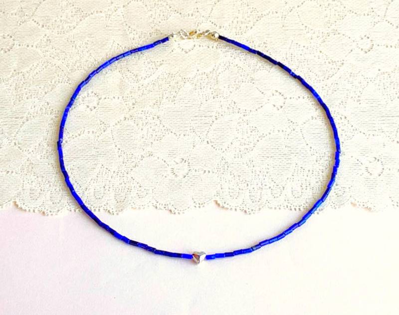 Lapislazuli Aa Röhren 4, 5x2, 5mm | Natürlich Ungefärbt Mit 925Silberherz | Platiniert von SchlesierDesigns