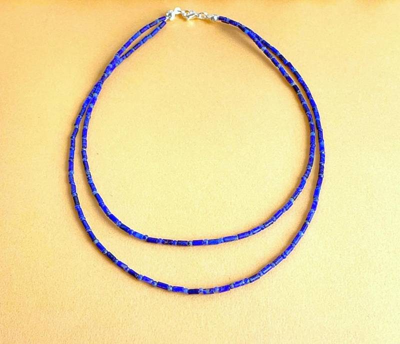 Lapislazuli Aa Röhren 4, 4x2, 5mm Mit Ab 2mm-Perlen Rund | Beide Natürlich Ungefärbt Als Zweireihige Kette von SchlesierDesigns