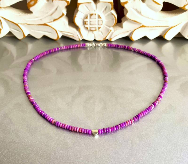 Lepidolith | Purple Mica Facettierte Rondelle 4x2mm - Ungefärbt Mit 925Silber-Herz Und 925Silber-Verschluss von SchlesierDesigns