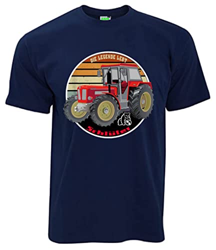 Schlüter T-Shirt Die Legende lebt Oldtimer-Schlepper | Herren Kurzarm Rundkragen, Brustdruck | Navyblau | Größe XL von Schlüter