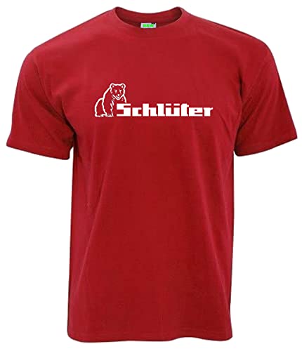 Schlüter T-Shirt Schriftzug + Bärenlogo Oldtimer-Shirt Kurzarm Rundkragen Brustdruck | Rot | Größe XXL von Schlüter