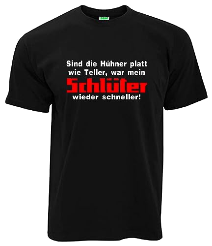 Schlüter T-Shirt Sind die Hühner platt wie Teller Herrenshirt Kurzarm Rundkragen Brustdruck | Schwarz | Größe XXL von Schlüter
