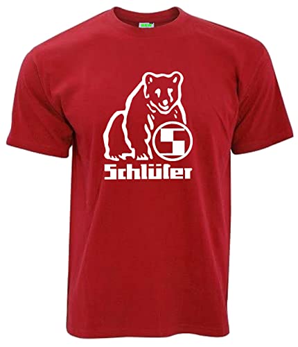 Schlüter Bärenlogo T-Shirt Herren Kurzarm Rundkragen Brustdruck | Rot, Druck weiß | Größe L von Schlüter