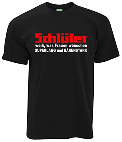 Schlüter weiß was Frauen wünschen - Superlang und bärenstark Herren T-Shirt Kurzarm Brustdruck | Schwarz | Größe L von Schlüter