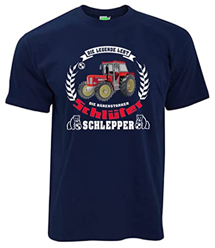 T-Shirt Die Legende lebt Bärenstarke Schlepper Oldtimer-Motiv Herrenshirt Kurzarm Rundkragen Brustdruck | Navyblau | Größe XL von Schlüter