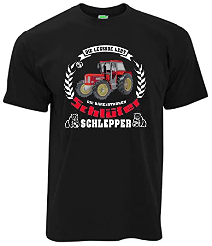 T-Shirt Die Legende lebt Bärenstarke Schlepper Oldtimer-Motiv Herrenshirt Kurzarm Rundkragen Brustdruck | Schwarz | Größe 3XL von Schlüter