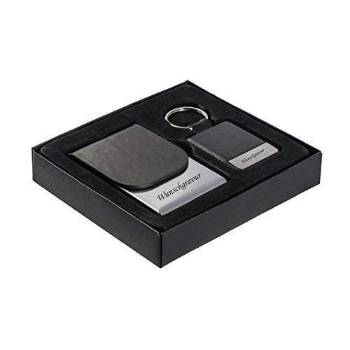 Visitenkartenetui Visitenkartenbox und Schlüsselanhänger Set m. Gravur Kunst-Leder graviert Lasergravur inkl. Geschenkverpackung von Schmalz®