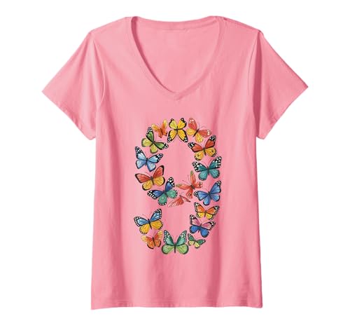 Damen Süßes Schmetterling 9 Girl Birthday Shirt Natur Neun T-Shirt mit V-Ausschnitt von Schmetterling Natur Geburtstag