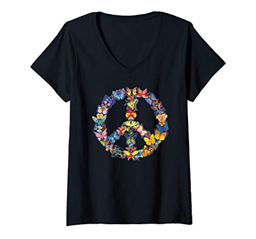 Damen Schöne Butterfly Peace Hippie Symbole Schmetterlinge T-Shirt mit V-Ausschnitt von Schmetterling Schmetterlinge Entzückende Geschenke