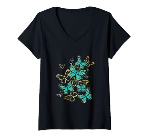 Damen Buntes Schmetterling Muster T-Shirt mit V-Ausschnitt von Schmetterling Sommer outfit Damen