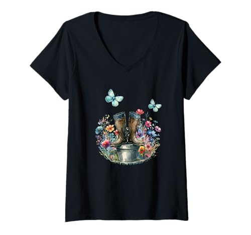 Damen Garten Blumen gärtnern Gartenarbeit Schmetterlinge Blume T-Shirt mit V-Ausschnitt von Schmetterlinge Natur Insekten