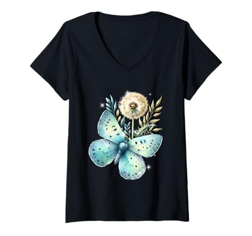 Damen Natur Insekten Insekt Schmetterling Schmetterlinge Löwenzahn T-Shirt mit V-Ausschnitt von Schmetterlinge Natur Insekten