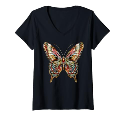 Damen Schmetterling Bunte Flügel Falter Butterfly Schmetterlinge T-Shirt mit V-Ausschnitt von Schmetterlings Liebhaber Motiv in bunten Farben