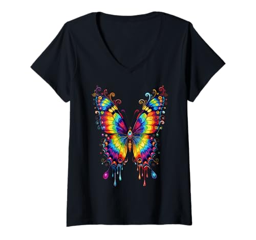 Damen Schmetterling Bunte Flügel Falter Butterfly Schmetterlinge T-Shirt mit V-Ausschnitt von Schmetterlings Liebhaber Motiv in bunten Farben