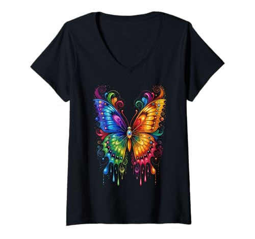 Damen Schmetterling Bunte Flügel Falter Butterfly Schmetterlinge T-Shirt mit V-Ausschnitt von Schmetterlings Liebhaber Motiv in bunten Farben