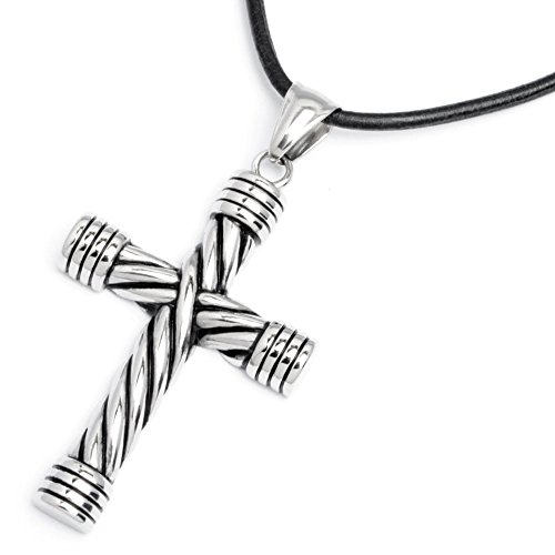 Edelstahl Herren Kreuz Anhänger hochwertig silber massiv + 1m Lederband Biker von Schmuck-Checker