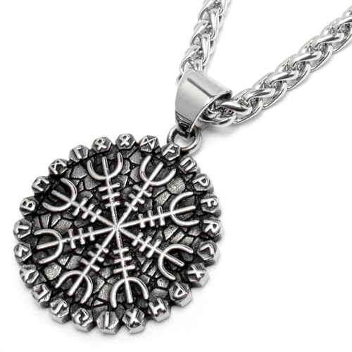 Schmuck-Checker Aegishjalmur Amulett mit Schutzrunen Edelstahl Anhänger Wikinger Halskette Männer Geschenk von Schmuck-Checker