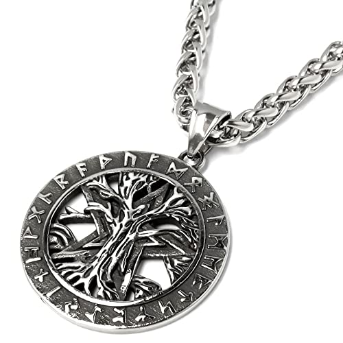 Schmuck-Checker Baum des Lebens mit Pentagramm und Runenkreis Yggdrasil Weltenbaum Edelstahl silber Anhänger Halskette Zopfkette Wikinger Mystisches Medaillon von Schmuck-Checker