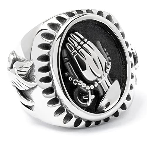 Schmuck-Checker Betende Hände mit Rosenkranz & Friedenstauben auf Christlichem Ring Edelstahl Biker-Schmuck Herren Geschenk (70 (22,3 mm Ø)) von Schmuck-Checker