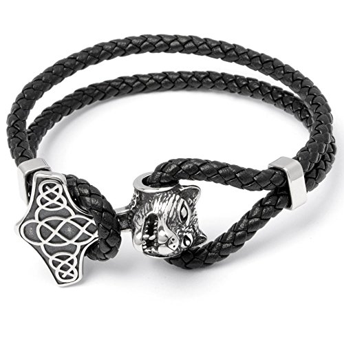 Schmuck-Checker Echt Leder Herren Armband Thors Hammer Mjölnir Wolf Edelstahl Bikerschmuck Wikingerschmuck Lederarmband Männer Geschenk von Schmuck-Checker