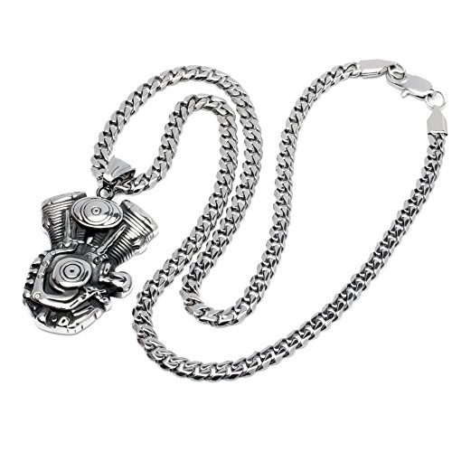 Schmuck-Checker Edelstahl Anhänger V2 Motorblock Motor Engine Silber Bikerschmuck Panzerkette Motorradfahrer Motor Halskette Geschenk von Schmuck-Checker