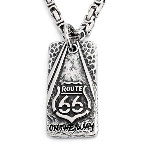 Schmuck-Checker Edelstahl DogTag Route 66 Anhänger On The Way Silber Königskette Bikerschmuck Männerschmuck Geschenk von Schmuck-Checker