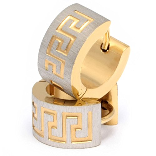Schmuck-Checker Edelstahl Herren Ohrringe Klapp-Creolen Silber Gold Gebürstet Mäander Muster Männer Geschenk Hochwertig von Schmuck-Checker