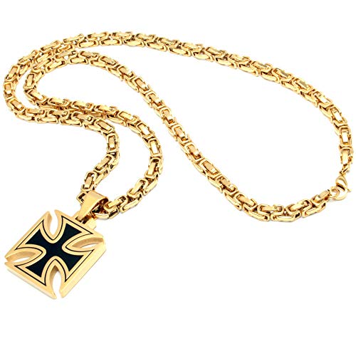 Schmuck-Checker Eisernes Kreuz Anhänger aus Edelstahl schwarz Gold massiv + 60cm Königskette Bikerschmuck Rockerschmuck Männerschmuck Ritterkreuz Tatzenkreuz vergoldet von Schmuck-Checker