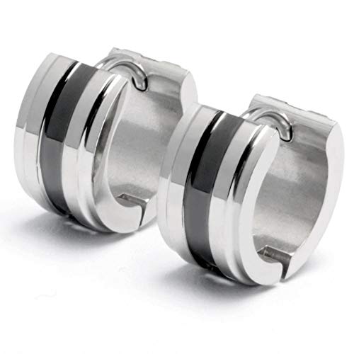 Schmuck-Checker Herren Ohrringe silber mit schwarzem Streifen 316L Edelstahl Klapp-Creolen poliert hochwertig 13mm Ø Männer Schmuck Ohrschmuck Geschenk von Schmuck-Checker