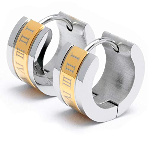 Schmuck-Checker Herren Ohrringe silber & gold mit römischen Zahlen 316L Edelstahl Klapp-Creolen hochwertig Ohrschmuck 13mm Ø Männerschmuck Geschenk von Schmuck-Checker