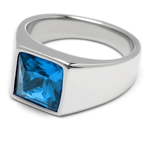 Schmuck-Checker Herren Ring Solitär Stein Safir-Blau für den kleinen Finger aus 316L Edelstahl silber poliert schlichter Ring mit blauem Stein (52 (16,5 mm Ø)) von Schmuck-Checker