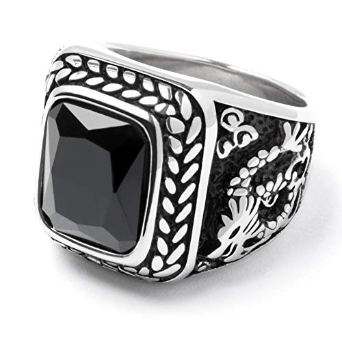 Schmuck-Checker Herrenring mit Onyx Stein & Drache silber schwarz Edelstahl Bikerring Geschenk (62 (19.7)) von Schmuck-Checker