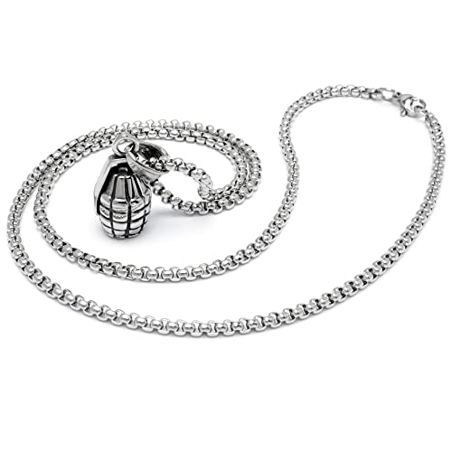 Schmuck-Checker Kleiner Handgranate Anhänger aus 316L Edelstahl mit Halskette silber Herren-Schmuck 3D Granate Männer Geschenk von Schmuck-Checker