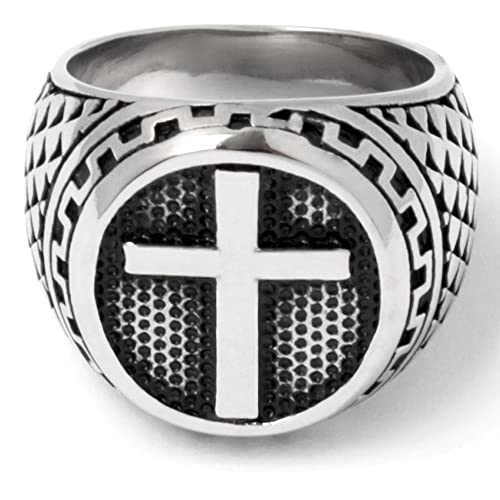 Schmuck-Checker Kreuz Ring aus massivem 316L Edelstahl verzierter Herren Siegelring silber poliert Männer Geschenk Christlicher Schmuck (57 (18,1 mm Ø)) von Schmuck-Checker