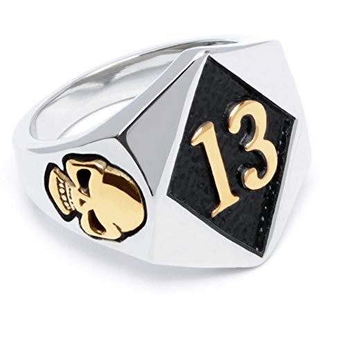 Schmuck-Checker Lucky 13 Ring aus Edelstahl silber & gold Glückszahl Glück Pech Totenkopf Bikerring Bikerschmuck Männer Geschenk (60 (19.1)) von Schmuck-Checker