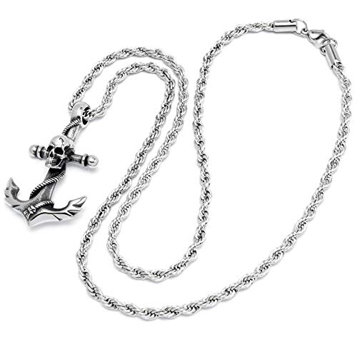 Schmuck-Checker Massiver Anker Anhänger aus Edelstahl mit Totenkopf und 60cm Kordelkette Seemann Kette Halskette Männerschmuck Maritimer Schmuck Geschenk Herrenschmuck von Schmuck-Checker