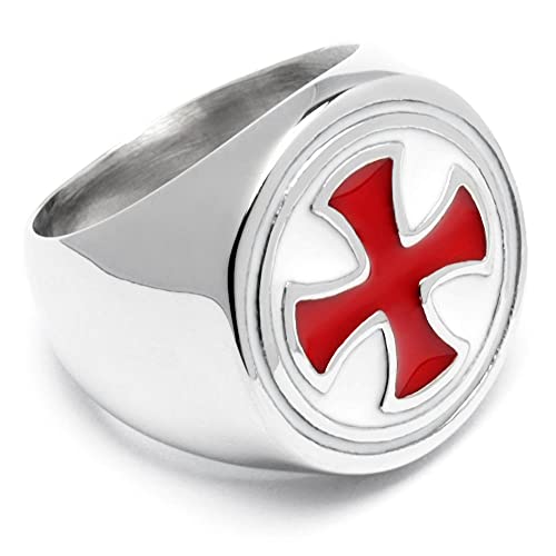 Schmuck-Checker Massiver Kreuzritter-Ring aus 316L Edelstahl silber poliert mit rotem Tatzenkreuz Templer-Ring Geschenk (58 (18,4 mm Ø)) von Schmuck-Checker