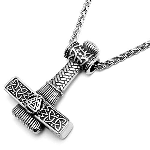 Schmuck-Checker Mjölnir-Anhänger mit Valknut und weiteren nordischen Verzierungen Wikinger-Schmuck aus 316L Edelstahl silber gold Kette Thors Hammer Halskette Zopfkette (Silber) von Schmuck-Checker
