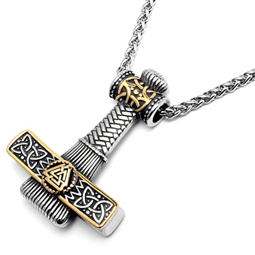Schmuck-Checker Mjölnir-Anhänger mit Valknut und weiteren nordischen Verzierungen Wikinger-Schmuck aus 316L Edelstahl silber gold Kette Thors Hammer Halskette Zopfkette (Silber & Gold) von Schmuck-Checker