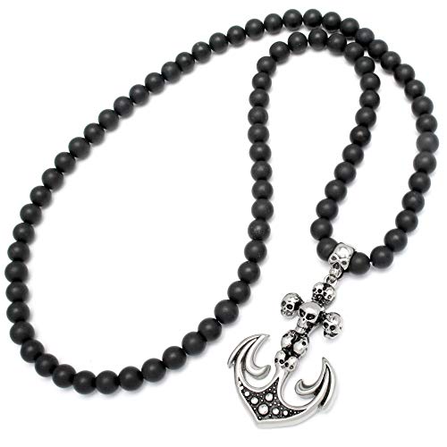 Schmuck-Checker Perlen Halskette Anker Anhänger Totenköpfe Edelstahl schwarz matt Achat Onyx Beads Menbeads Männerschmuck Herrenkette Geschenk von Schmuck-Checker