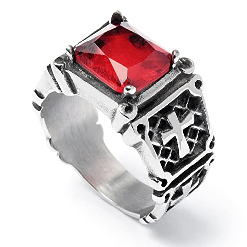 Schmuck-Checker Ring mit 4 Kreuzen und großem roten Stein Templer-Ring 316L Edelstahl silber Herren-Ring Geschenk (68 (21,6 mm Ø)) von Schmuck-Checker