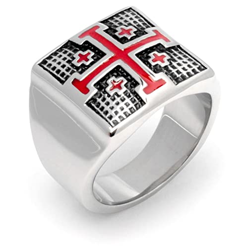 Schmuck-Checker Templer Orden Ring Jerusalem-Kreuz massiv Edelstahl 316L silber Rot Kreuzritter Tempelritter Grabritter Christlicher Schmuck rotes Kreuz (60 (19,1 mm Ø)) von Schmuck-Checker